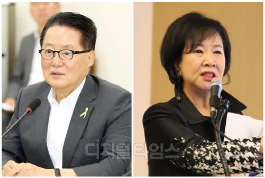 박지원(왼쪽) 전 국가정보원장과 손혜원 전 국회의원. <디지털타임스 DB>